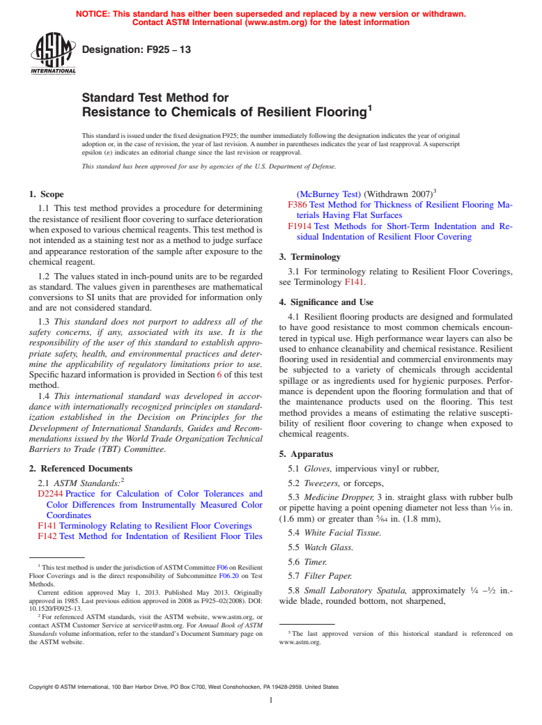 ASTM F925-13 - Standard Test Method for  Resistance to Chemicals of Resilient Flooring
