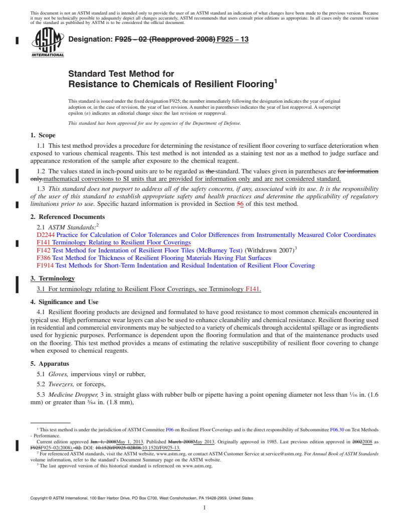 REDLINE ASTM F925-13 - Standard Test Method for  Resistance to Chemicals of Resilient Flooring
