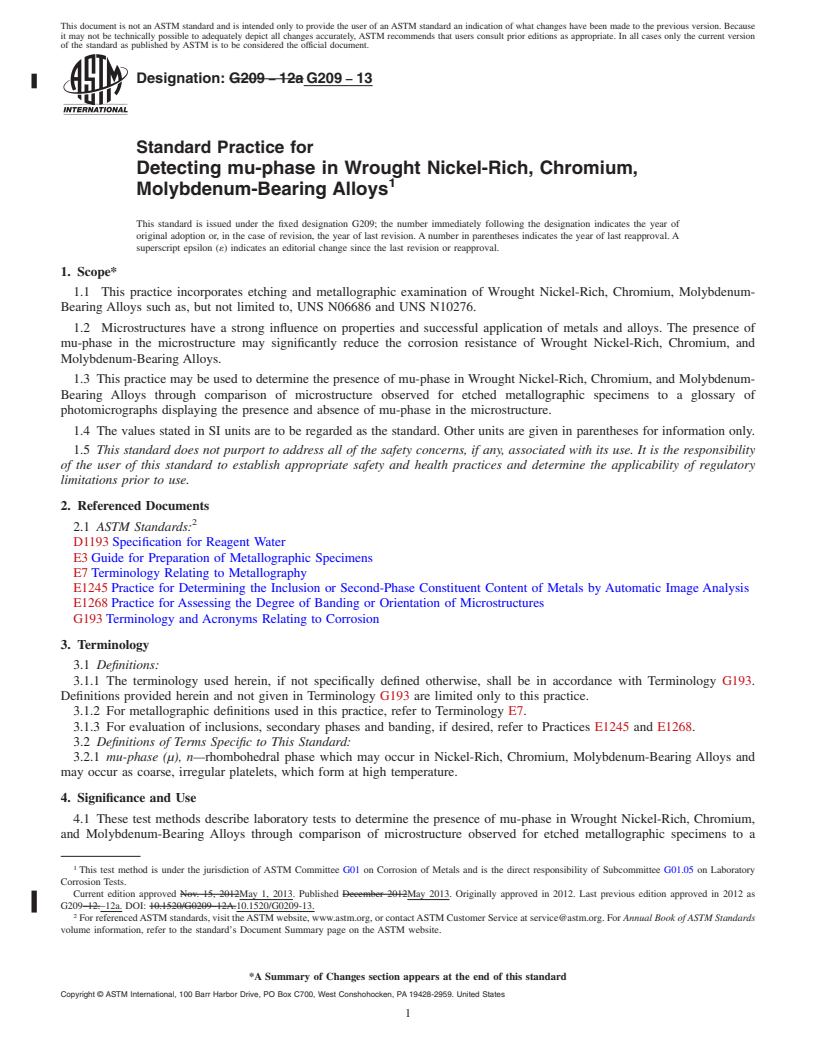 REDLINE ASTM G209-13 - Standard Practice for Detecting mu-phase in Wrought Nickel-Rich, Chromium, Molybdenum-Bearing  Alloys