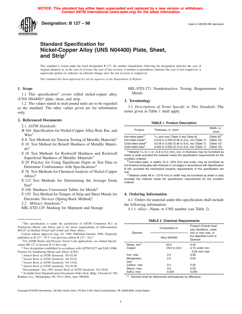 ASTM B127-98 - Standard Specification for Nickel-Copper Alloy (UNS N04400) Plate, Sheet, and Strip