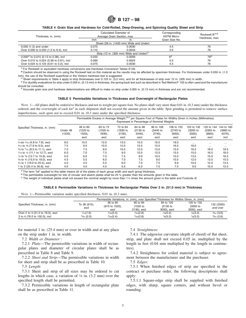 ASTM B127-98 - Standard Specification for Nickel-Copper Alloy (UNS N04400) Plate, Sheet, and Strip