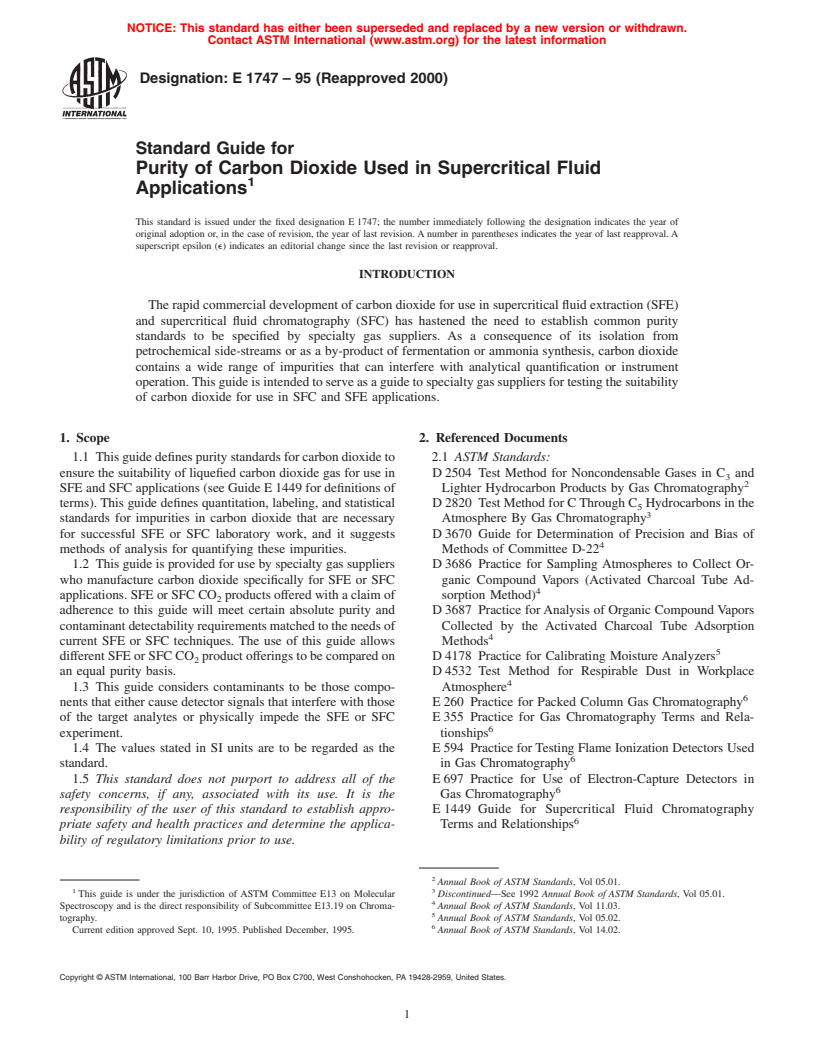 ASTM E1747-95(2000) - Standard Guide for Purity of Carbon Dioxide Used in Supercritical Fluid Applications