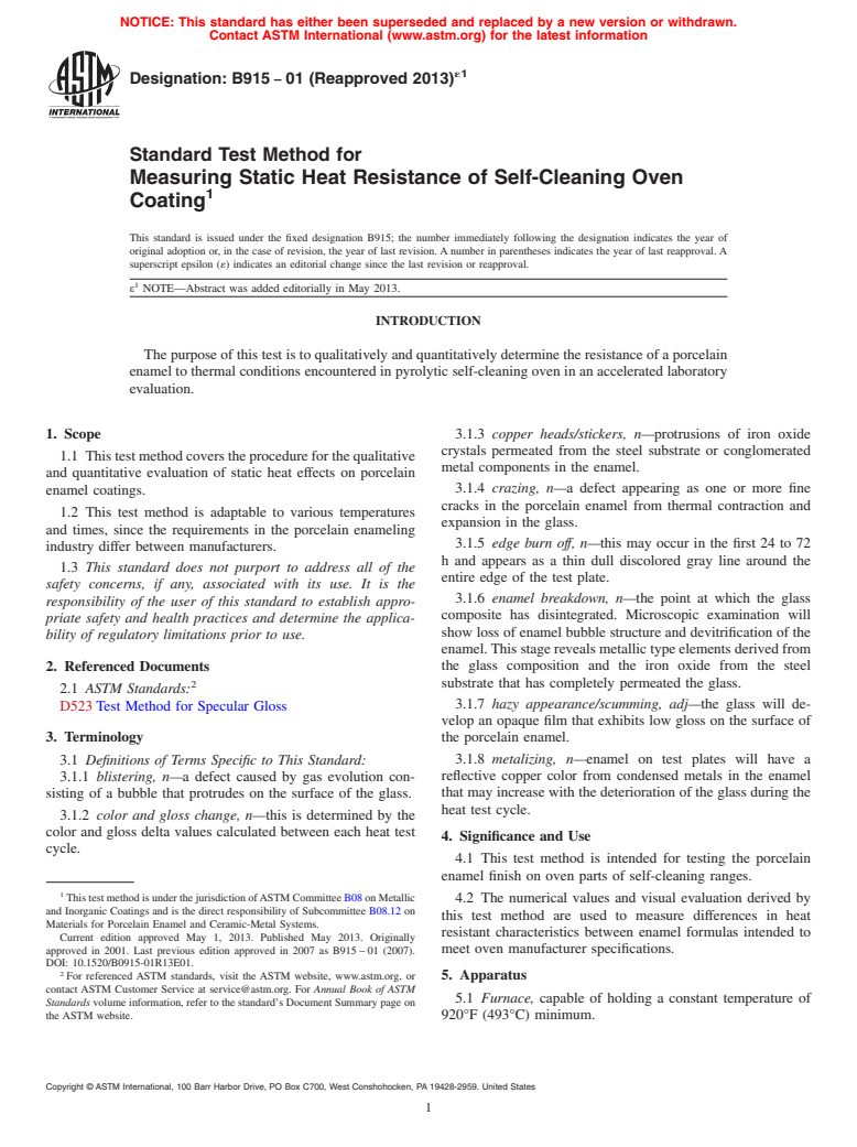 ASTM B915-01(2013)e1 - Standard Test Method for Measuring Static Heat Resistance of Self-Cleaning Oven Coating