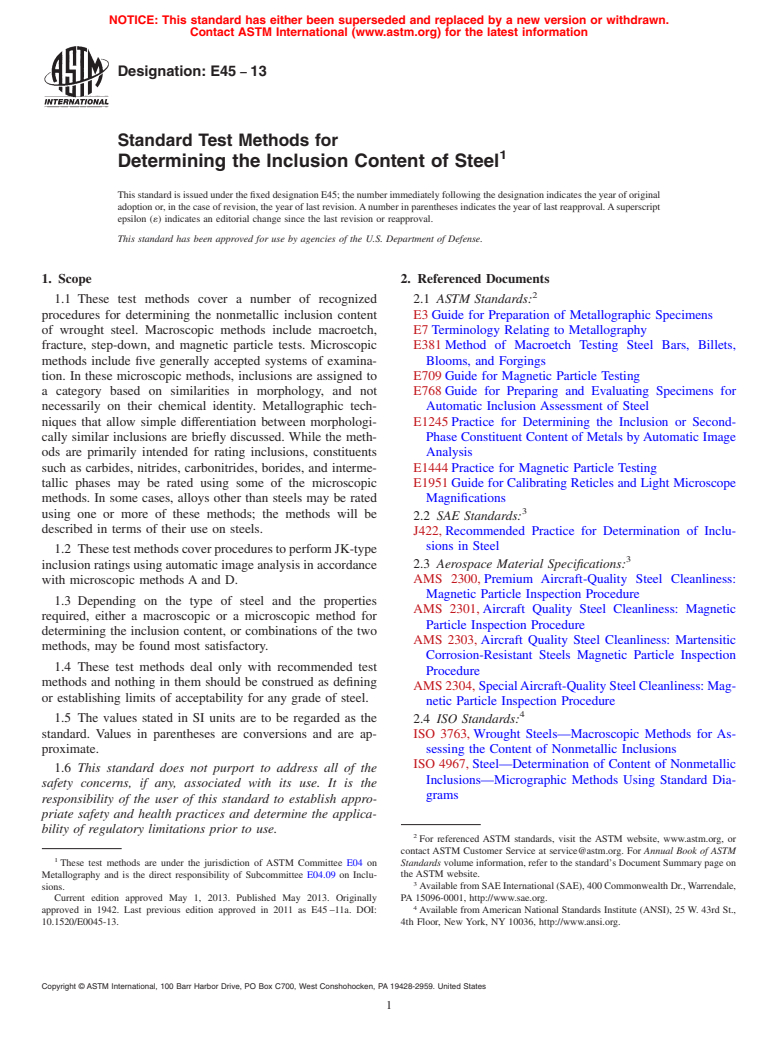 ASTM E45-13 - Standard Test Methods for  Determining the Inclusion Content of Steel