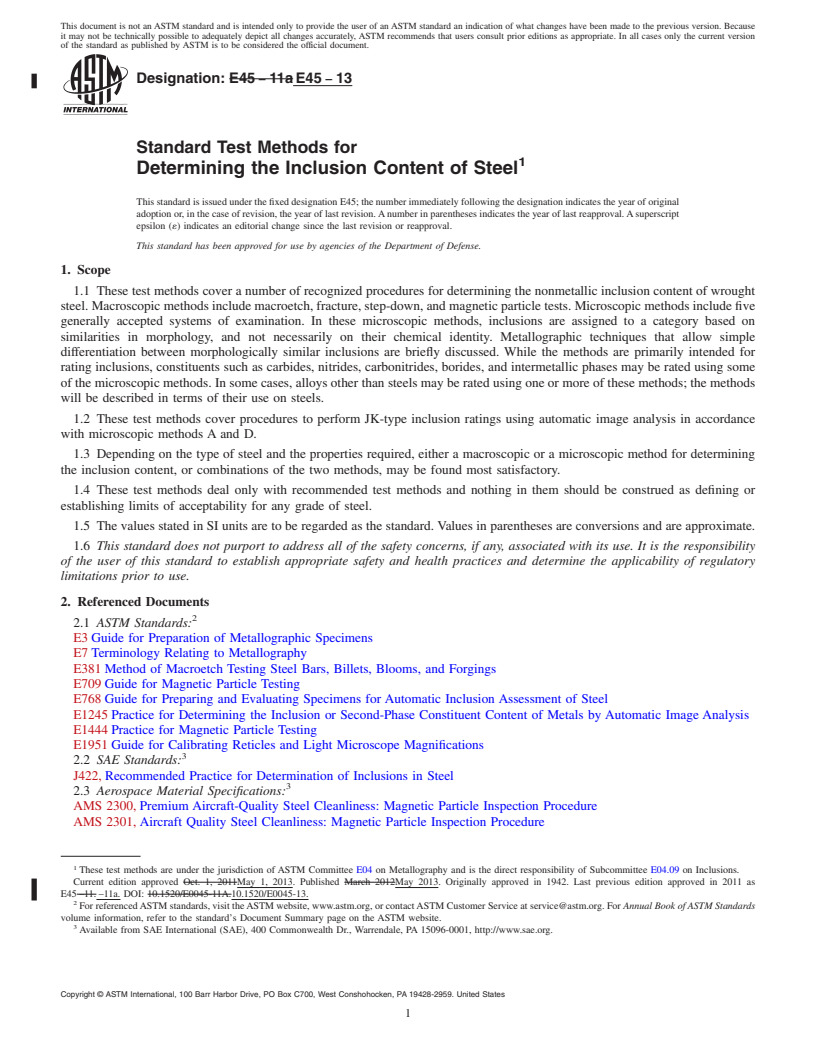 REDLINE ASTM E45-13 - Standard Test Methods for  Determining the Inclusion Content of Steel