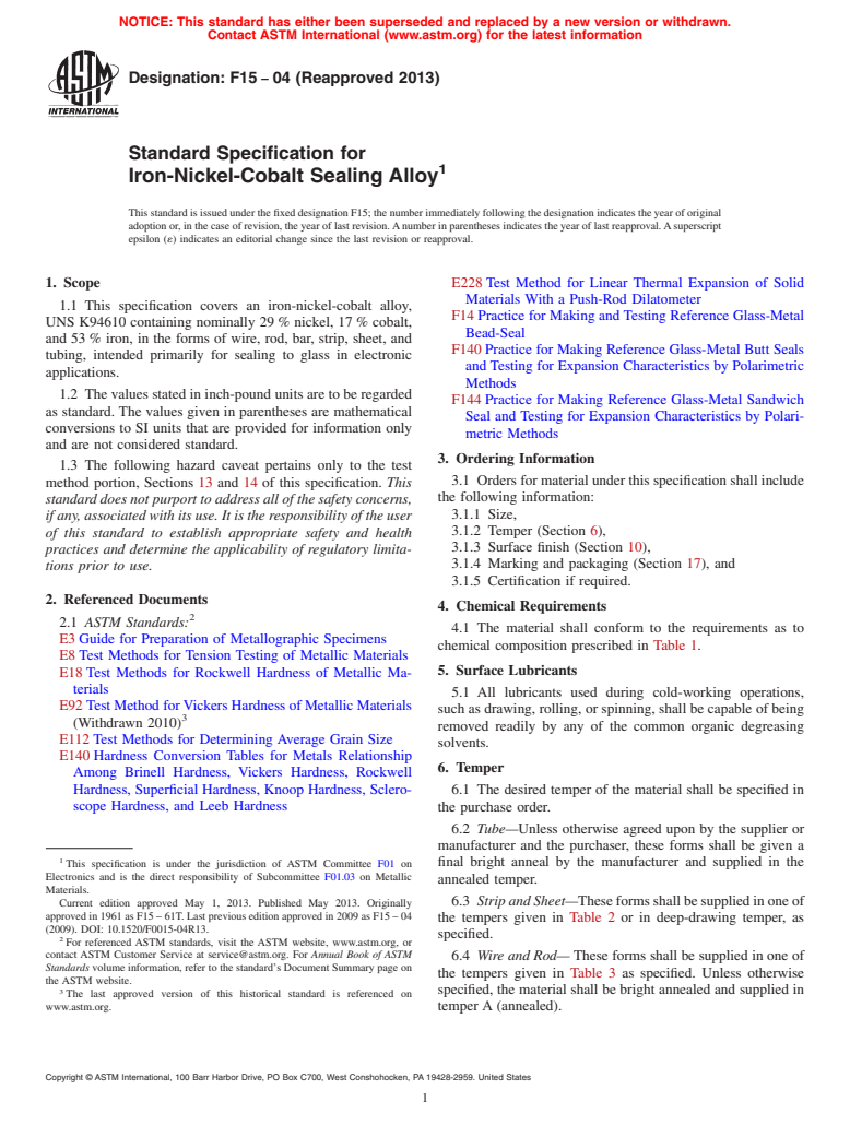 ASTM F15-04(2013) - Standard Specification for  Iron-Nickel-Cobalt Sealing Alloy