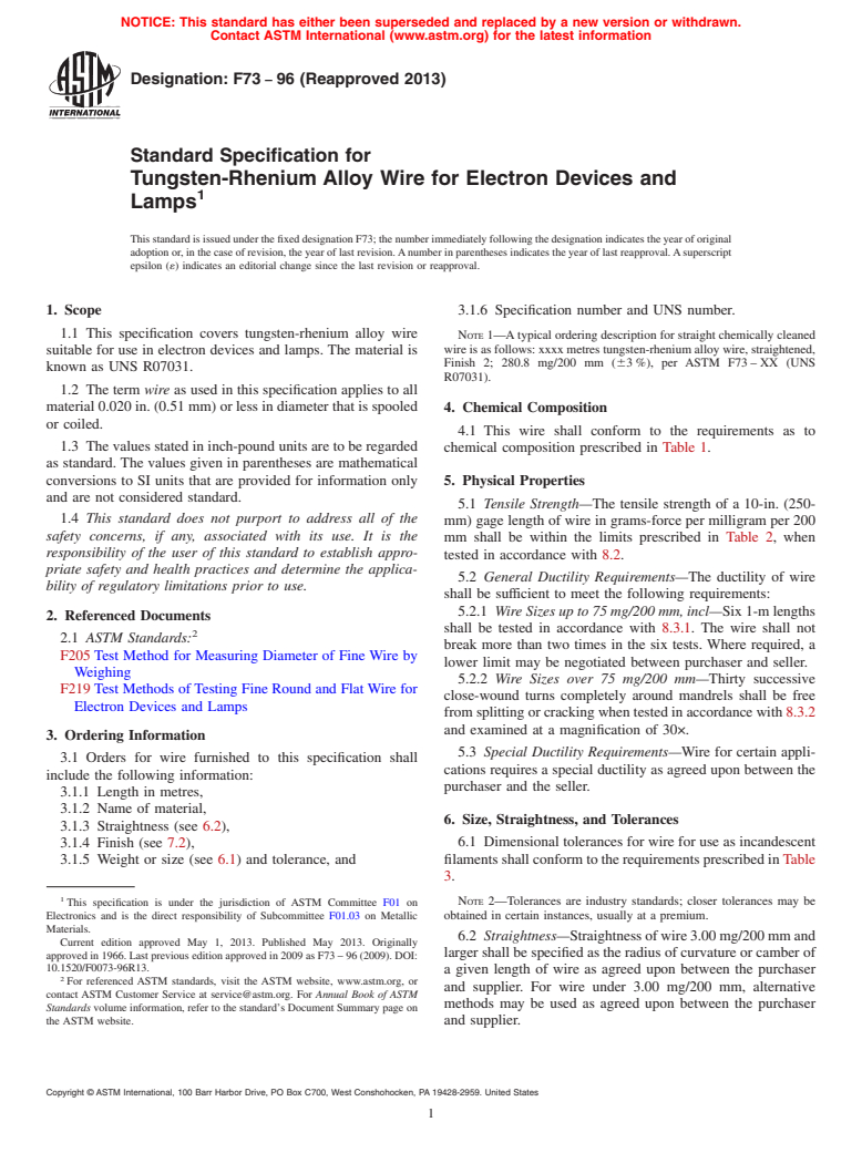 ASTM F73-96(2013) - Standard Specification for  Tungsten-Rhenium Alloy Wire for Electron Devices and Lamps