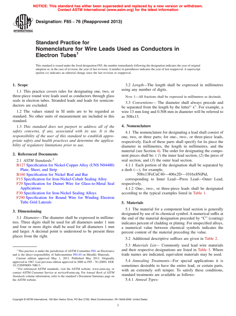 ASTM F85-76(2013) - Standard Practice for  Nomenclature for Wire Leads Used as Conductors in Electron  Tubes