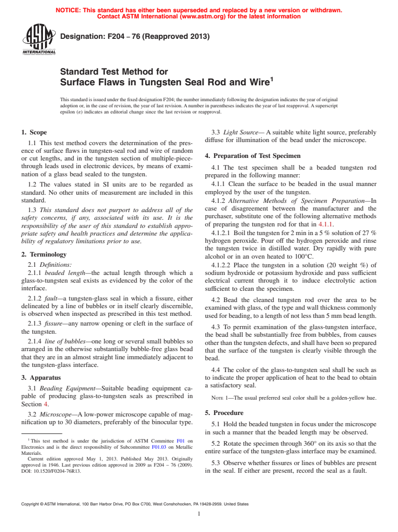 ASTM F204-76(2013) - Standard Test Method for  Surface Flaws in Tungsten Seal Rod and Wire