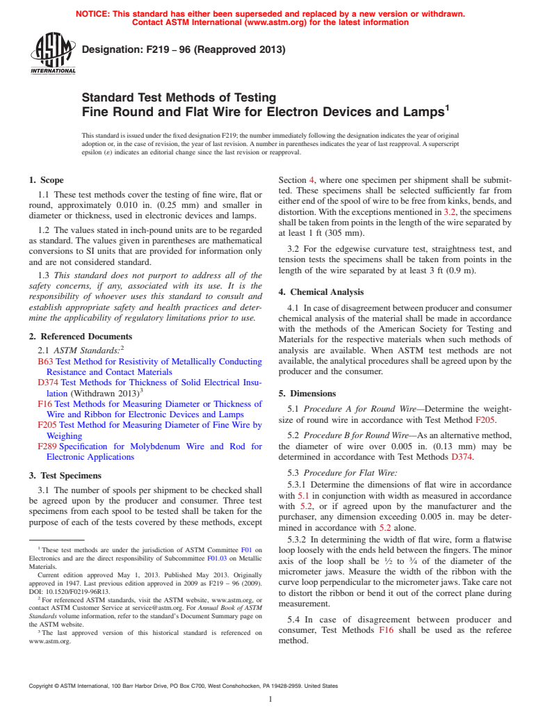 ASTM F219-96(2013) - Standard Test Methods of Testing  Fine Round and Flat Wire for Electron Devices and Lamps