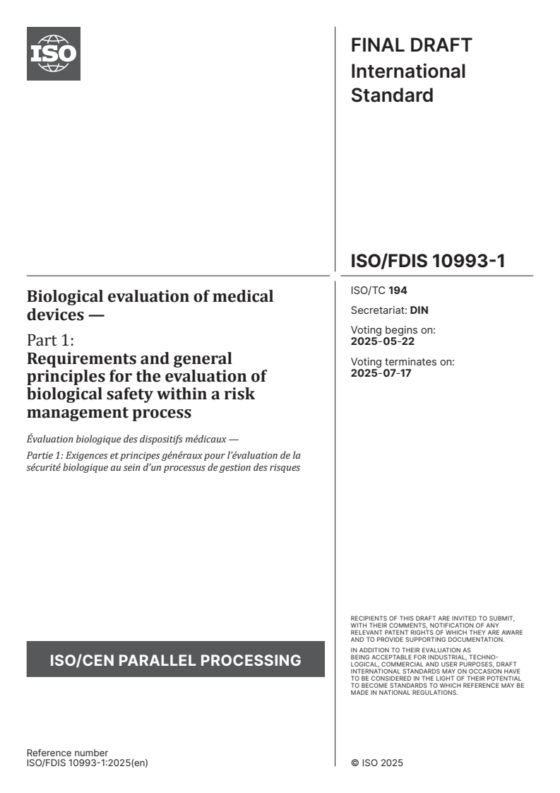 ISO/FDIS 10993-1 - Biological evaluation of medical devices — Part 1: Requirements and general principles for the evaluation of biological safety within a risk management process
Released:8. 05. 2025