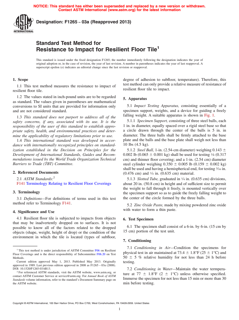 ASTM F1265-03a(2013) - Standard Test Method for  Resistance to Impact for Resilient Floor Tile