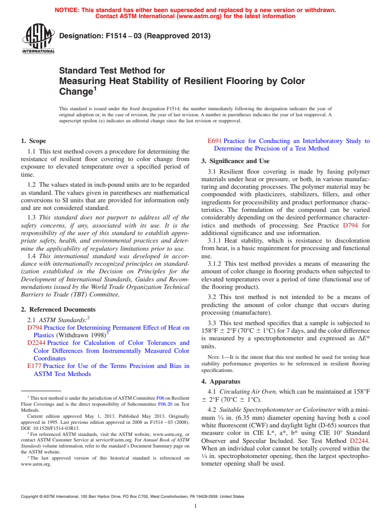 ASTM F1514-03(2013) - Standard Test Method for  Measuring Heat Stability of Resilient Flooring by Color Change
