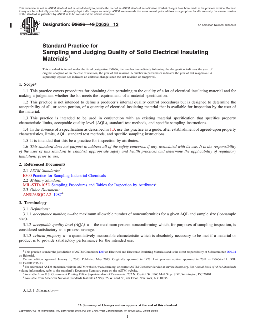 REDLINE ASTM D3636-13 - Standard Practice for  Sampling and Judging Quality of Solid Electrical Insulating  Materials