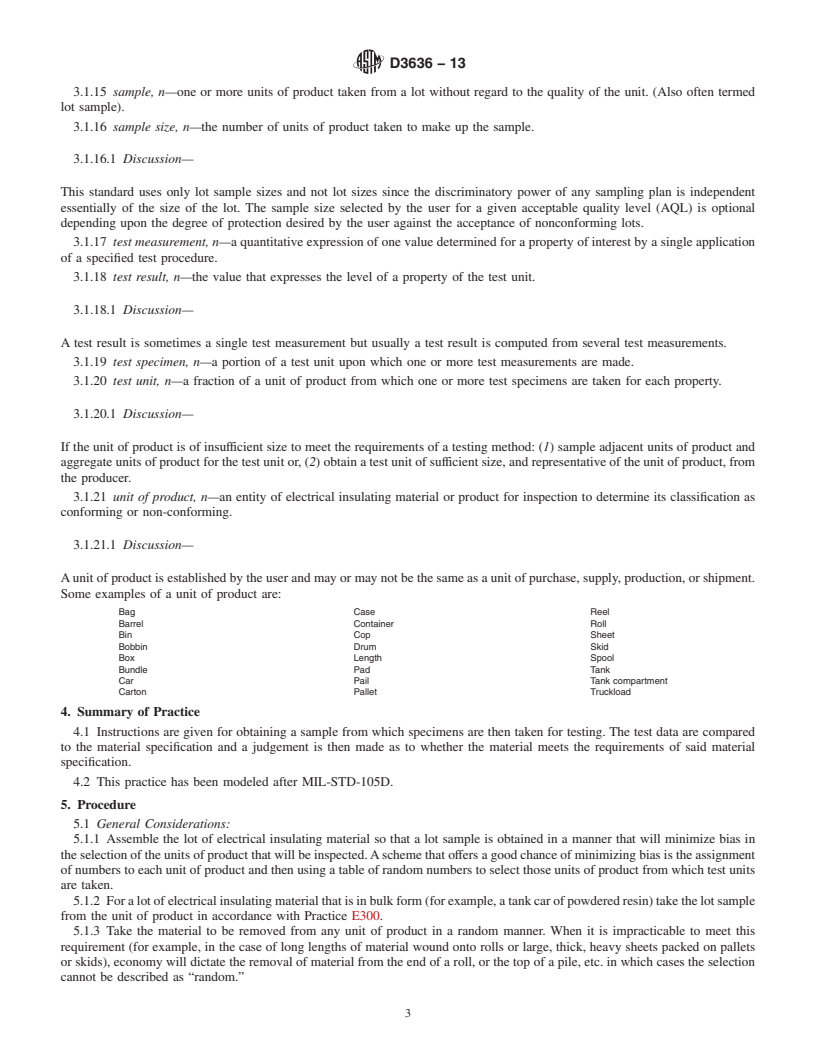 REDLINE ASTM D3636-13 - Standard Practice for  Sampling and Judging Quality of Solid Electrical Insulating  Materials