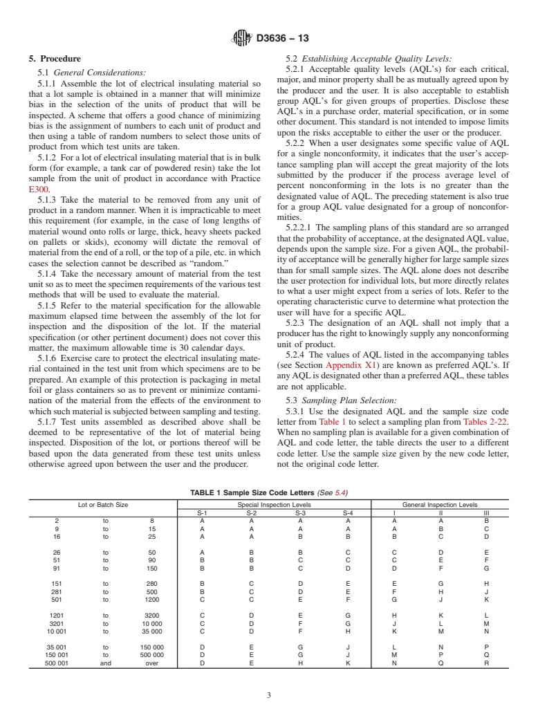 ASTM D3636-13 - Standard Practice for  Sampling and Judging Quality of Solid Electrical Insulating  Materials