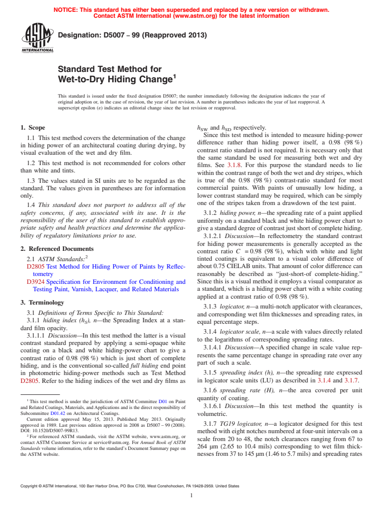 ASTM D5007-99(2013) - Standard Test Method for Wet-to-Dry Hiding Change