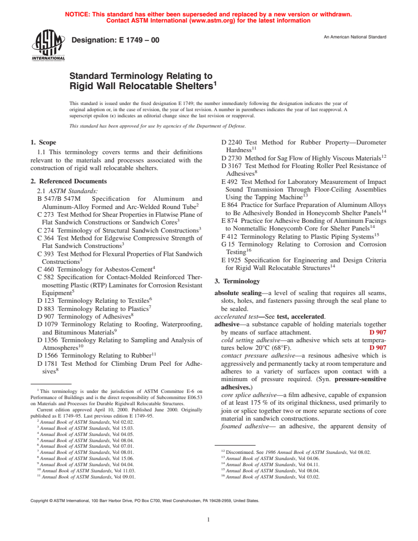 ASTM E1749-00 - Standard Terminology Relating to Rigid Wall Relocatable Shelters