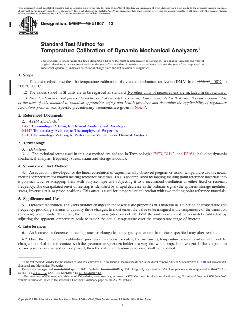 REDLINE ASTM E1867-13 - Standard Test Method for  Temperature Calibration of Dynamic Mechanical Analyzers