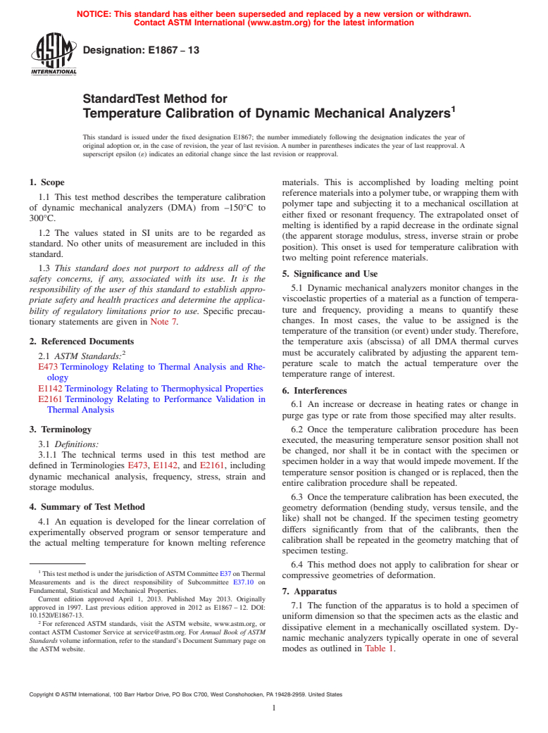 ASTM E1867-13 - Standard Test Method for  Temperature Calibration of Dynamic Mechanical Analyzers