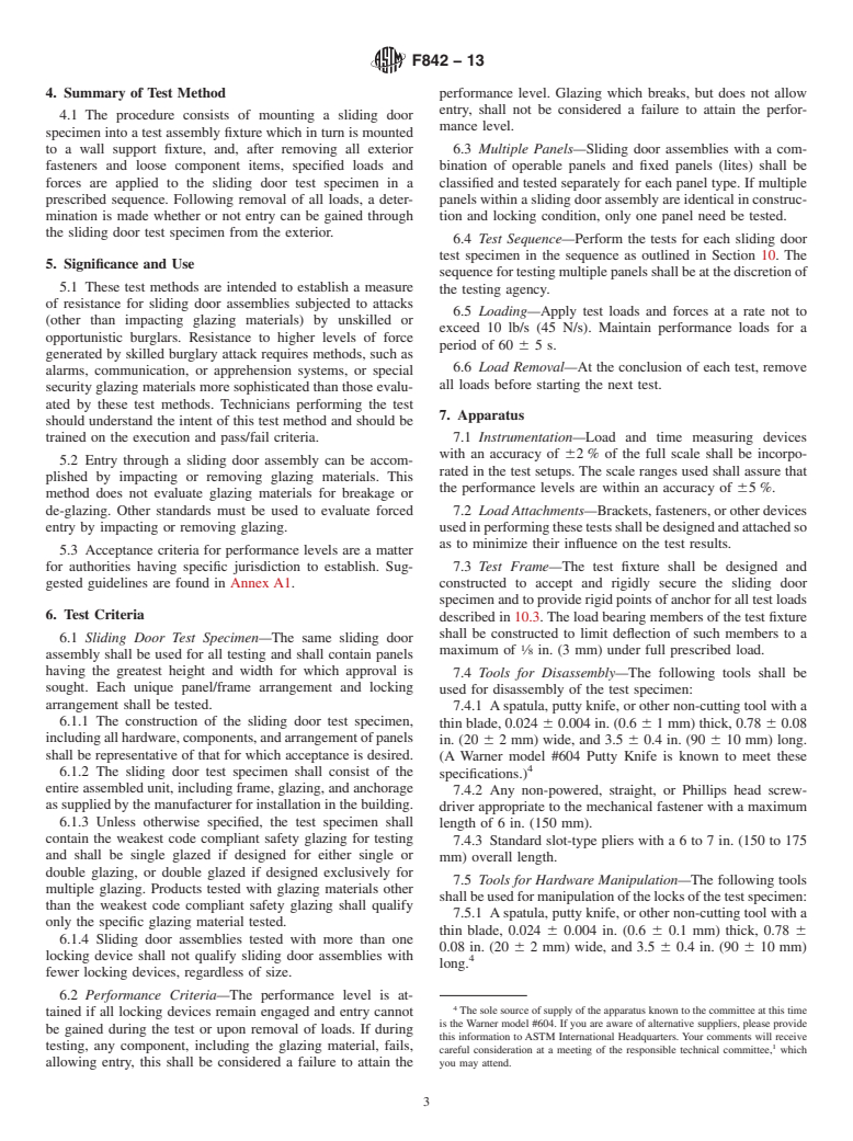 ASTM F842-13 - Standard Test Methods for  Measuring the Forced Entry Resistance of Sliding Door Assemblies,  Excluding Glazing Impact