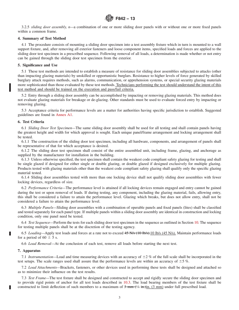 REDLINE ASTM F842-13 - Standard Test Methods for  Measuring the Forced Entry Resistance of Sliding Door Assemblies,  Excluding Glazing Impact