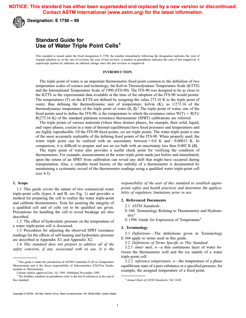 ASTM E1750-95 - Standard Guide for Use of Water Triple Point Cells