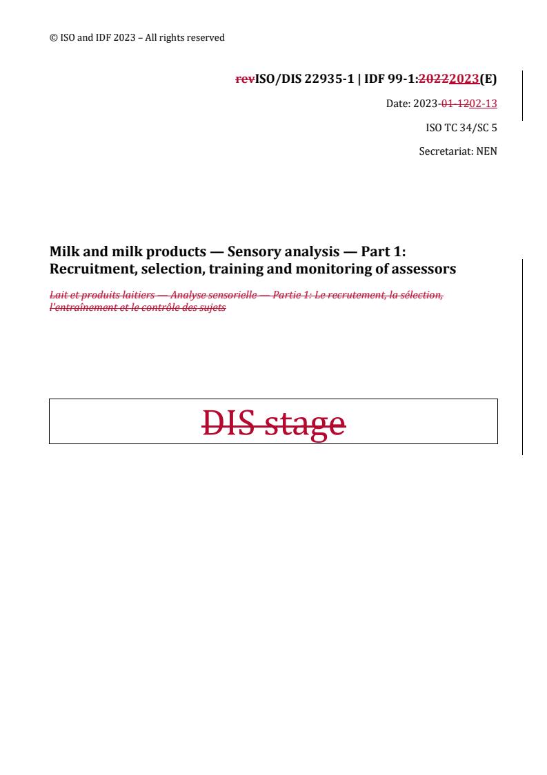 REDLINE ISO/PRF 22935-1 - Milk and milk products — Sensory analysis — Part 1: Recruitment, selection, training and monitoring of assessors
Released:2/15/2023
