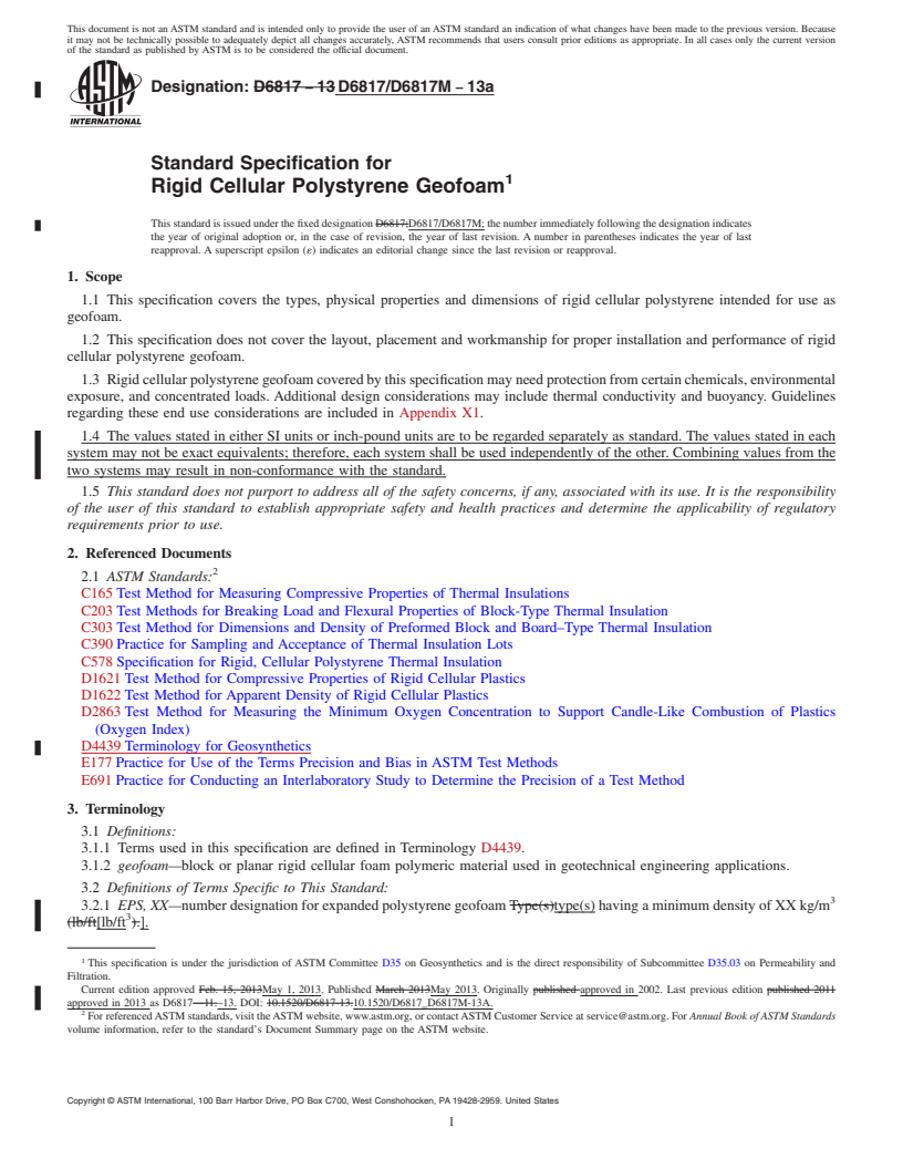 REDLINE ASTM D6817/D6817M-13a - Standard Specification for Rigid Cellular Polystyrene Geofoam