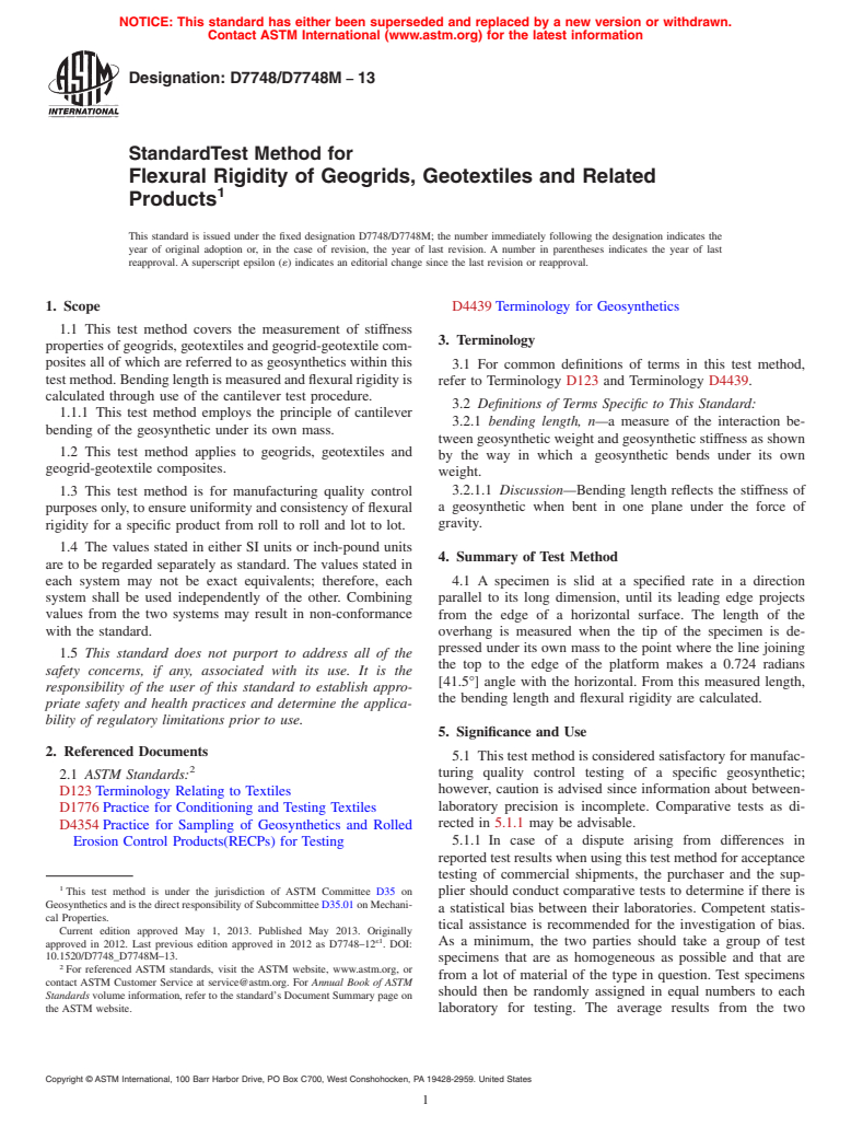 ASTM D7748/D7748M-13 - Standard Test Method for Flexural Rigidity of Geogrids, Geotextiles and Related Products