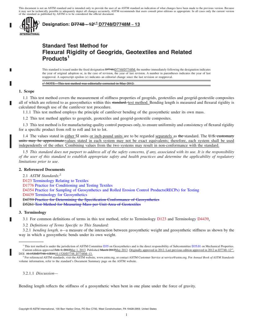 REDLINE ASTM D7748/D7748M-13 - Standard Test Method for Flexural Rigidity of Geogrids, Geotextiles and Related Products