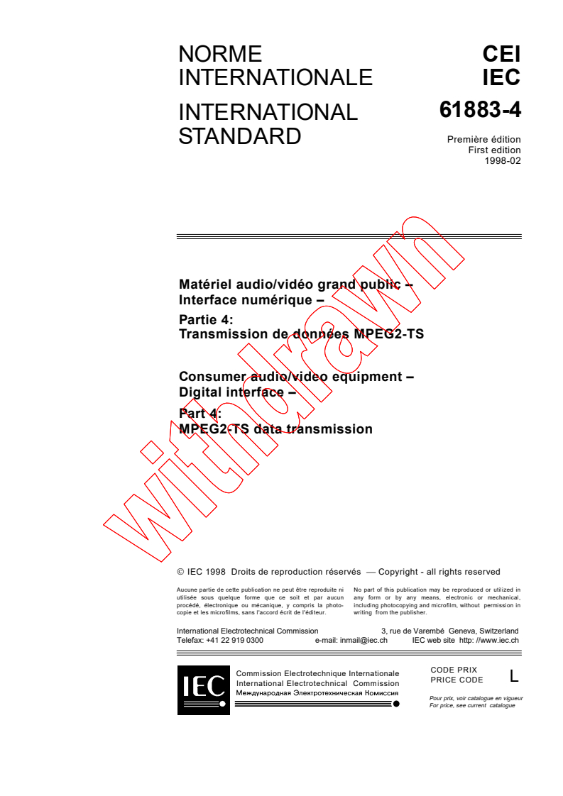 IEC 61883-4:1998 - Consumer audio/video equipment - Digital interface - Part 4: MPEG2-TS data transmission
Released:2/23/1998
Isbn:2831842409