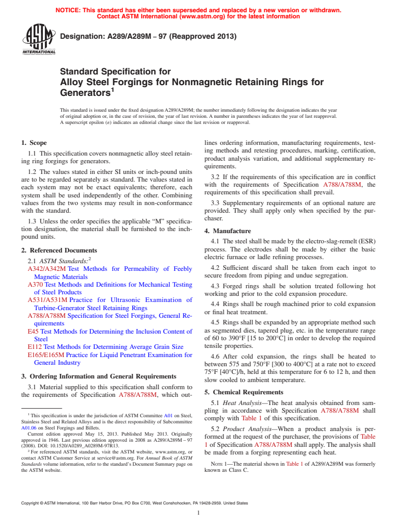 ASTM A289/A289M-97(2013) - Standard Specification for  Alloy Steel Forgings for Nonmagnetic Retaining Rings for Generators