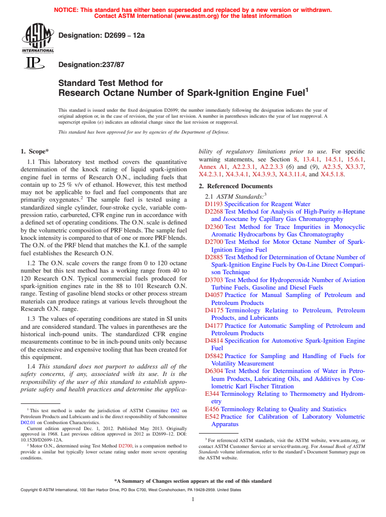 ASTM D2699-12a - Standard Test Method for Research Octane Number of Spark-Ignition Engine Fuel