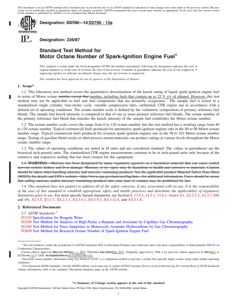 REDLINE ASTM D2700-12a - Standard Test Method for Motor Octane Number of Spark-Ignition Engine Fuel