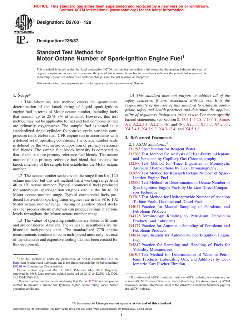 ASTM D2700-12a - Standard Test Method for Motor Octane Number of Spark-Ignition Engine Fuel