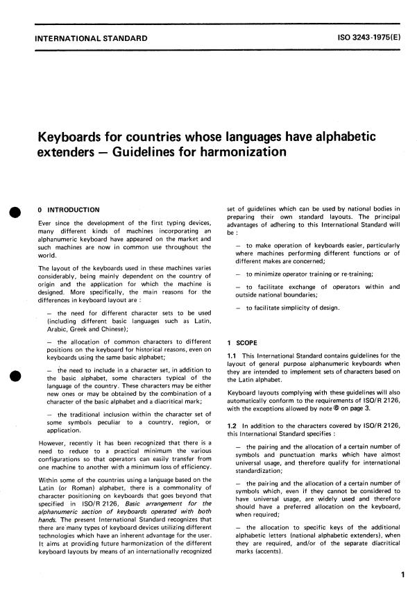 ISO 3243:1975 - Keyboards for countries whose languages have alphabetic extenders -- Guidelines for harmonization