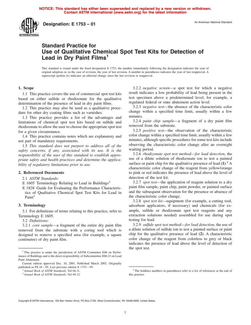 ASTM E1753-01 - Standard Practice for Use of Qualitative Chemical Spot Test Kits for Detection of Lead in Dry Paint Films