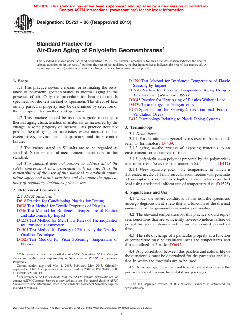 ASTM D5721-08(2013) - Standard Practice for  Air-Oven Aging of Polyolefin Geomembranes