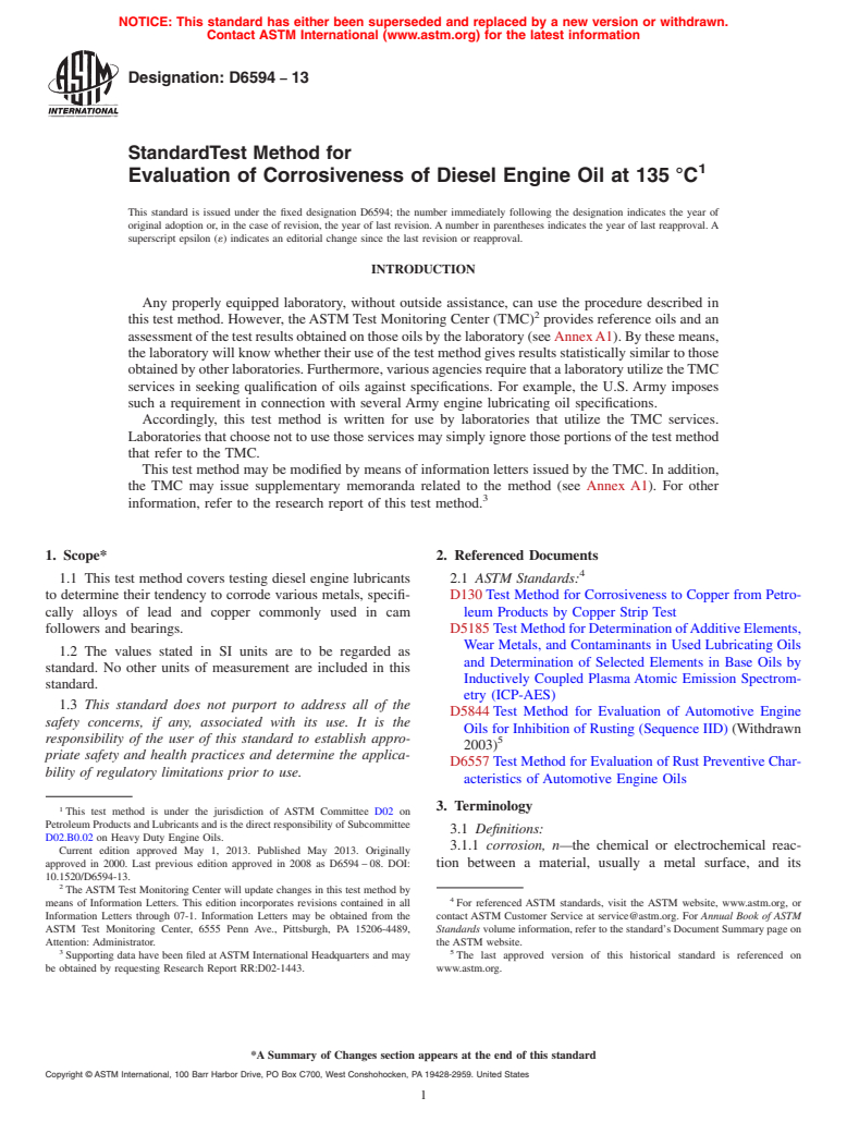 ASTM D6594-13 - Standard Test Method for  Evaluation of Corrosiveness of Diesel Engine Oil at 135&#8201; &deg;C