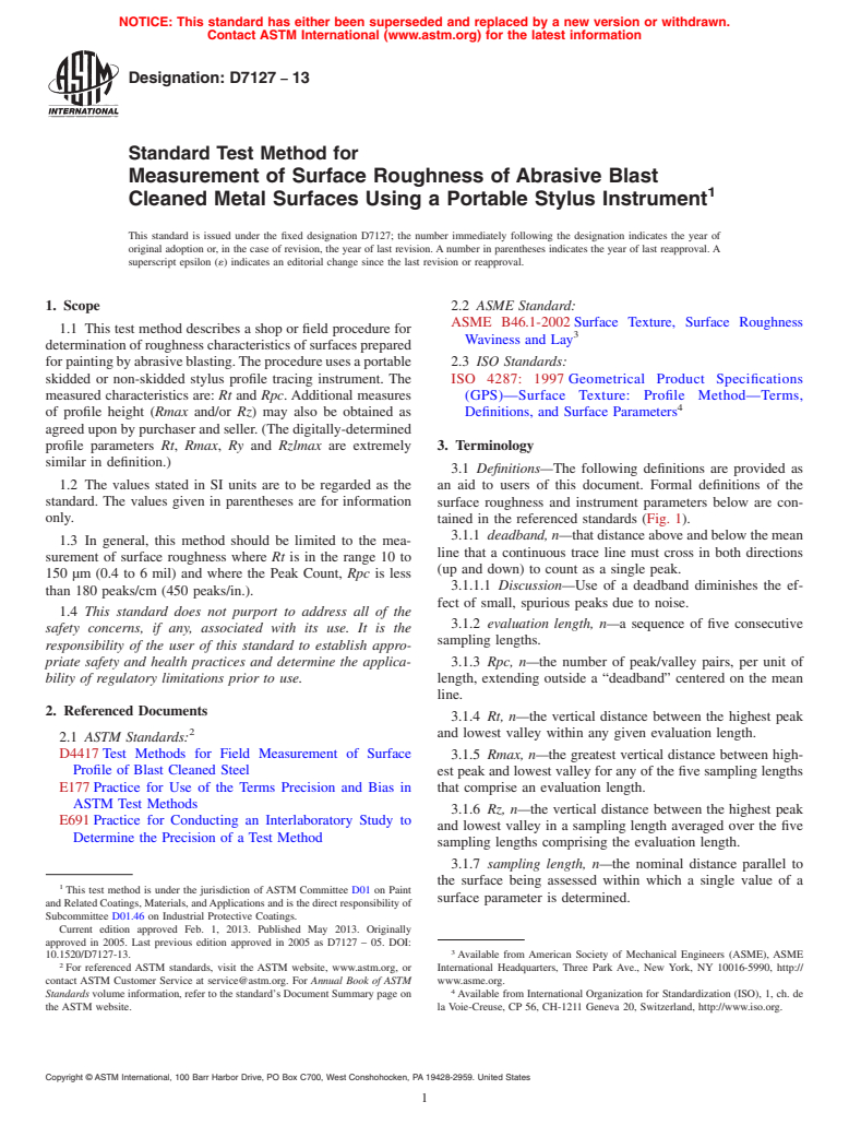 ASTM D7127-13 - Standard Test Method for Measurement of Surface Roughness of Abrasive Blast Cleaned  Metal Surfaces Using a Portable Stylus Instrument