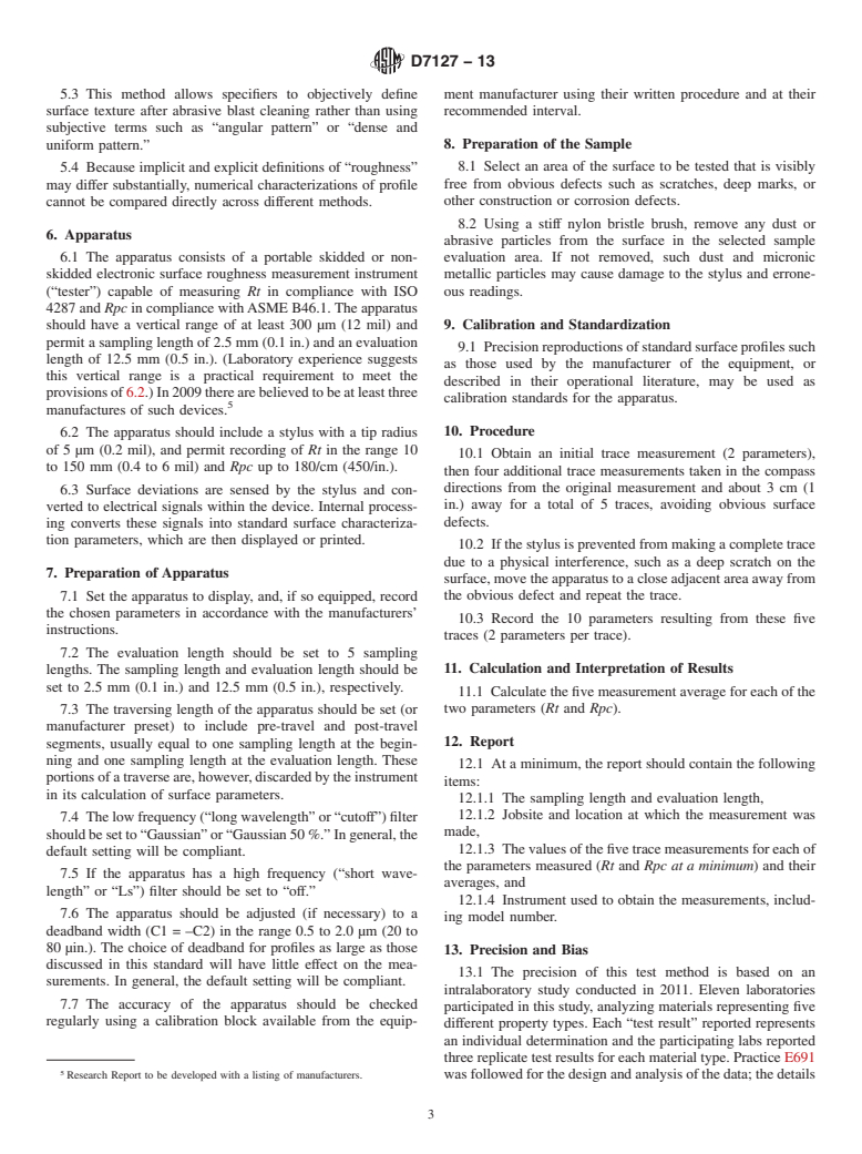 ASTM D7127-13 - Standard Test Method for Measurement of Surface Roughness of Abrasive Blast Cleaned  Metal Surfaces Using a Portable Stylus Instrument