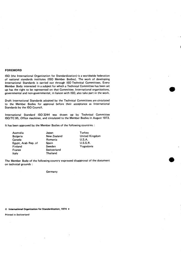 ISO 3244:1974 ISO 3244:1974 - Office machines and data processing equipment -- Principles governing the positioning of control keys on keyboards - Page 2 preview