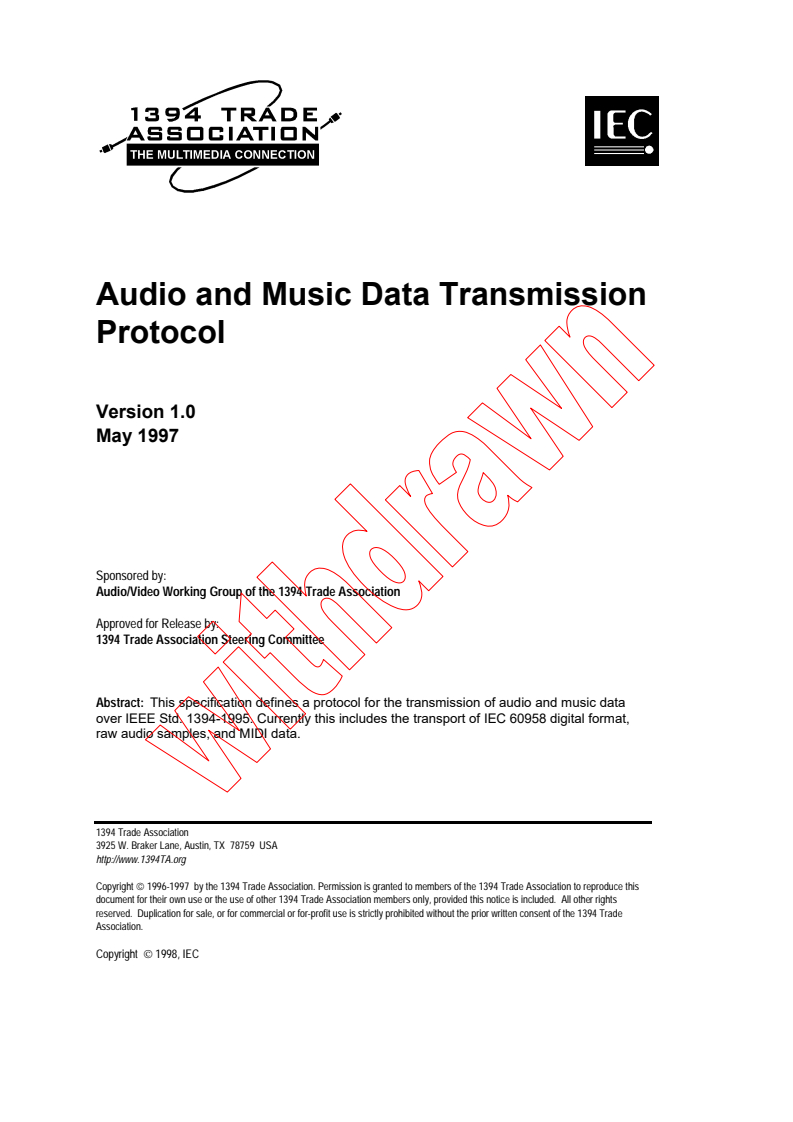IEC PAS 61883-6:1998 - Consumer audio/video equipment - Digital interface - Part 6: Audio and music data transmission protocol
Released:6/2/1998
Isbn:2831844029