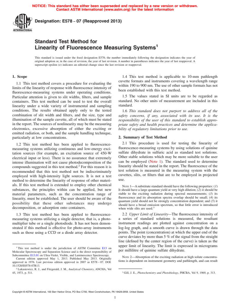 ASTM E578-07(2013) - Standard Test Method for  Linearity of Fluorescence Measuring Systems