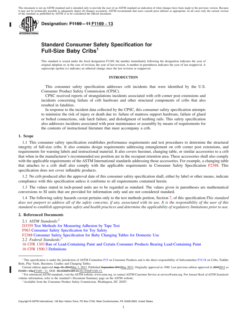 REDLINE ASTM F1169-13 - Standard Consumer Safety Specification for  Full-Size Baby Cribs