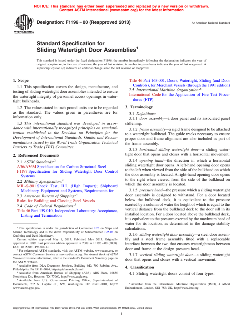 ASTM F1196-00(2013) - Standard Specification for  Sliding Watertight Door Assemblies