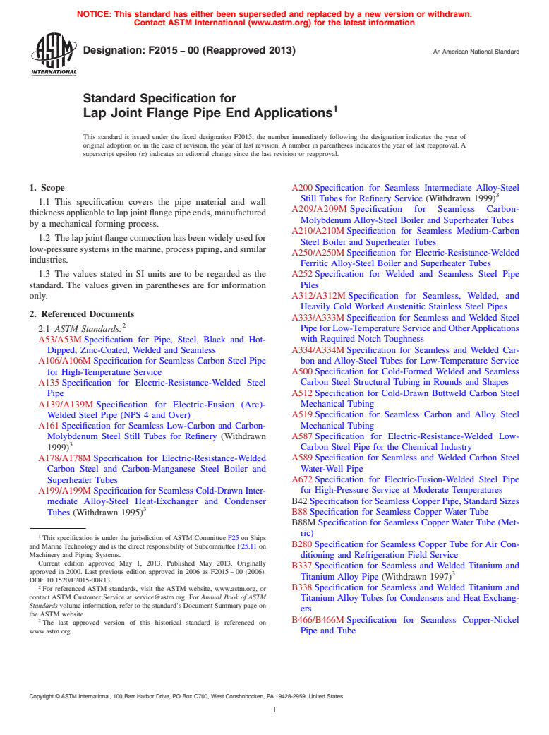 ASTM F2015-00(2013) - Standard Specification for  Lap Joint Flange Pipe End Applications