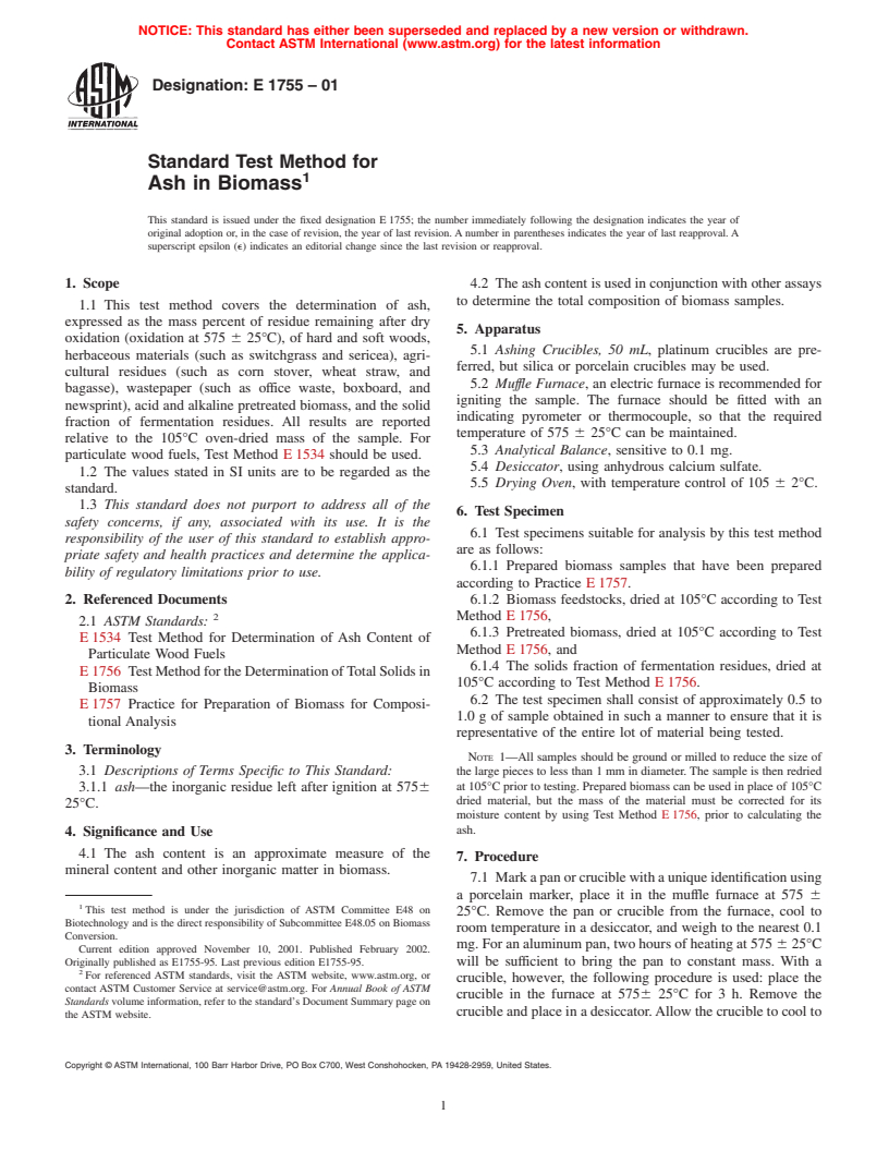 ASTM E1755-01 - Standard Test Method for Ash in Biomass