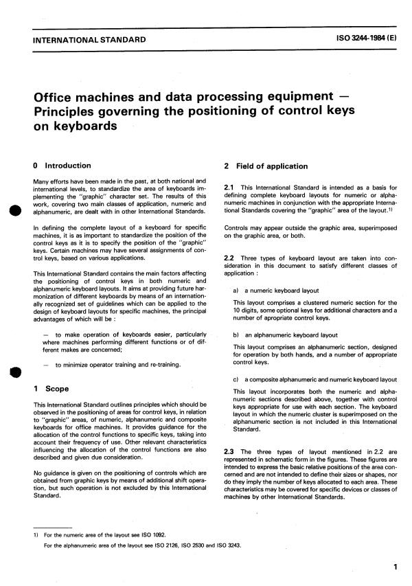 ISO 3244:1984 - Office machines and data processing equipment -- Principles governing the positioning of control keys on keyboards